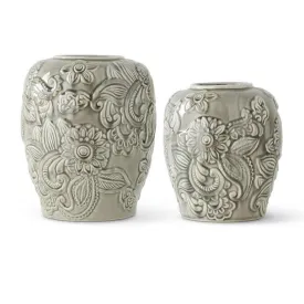 12" Gray Ceramic Paisley & Floral Embossed Vase