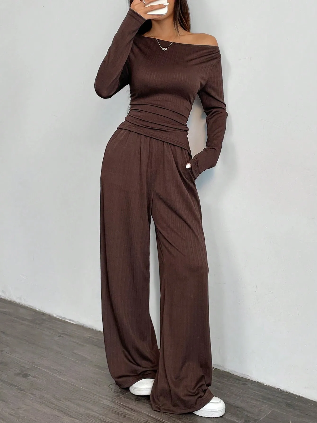 2pcs 2024 Autumn New Loose Feel Women Wide Leg Pants Set, Soft Comfy EU-US Style Slimming Asymmetrical Suit