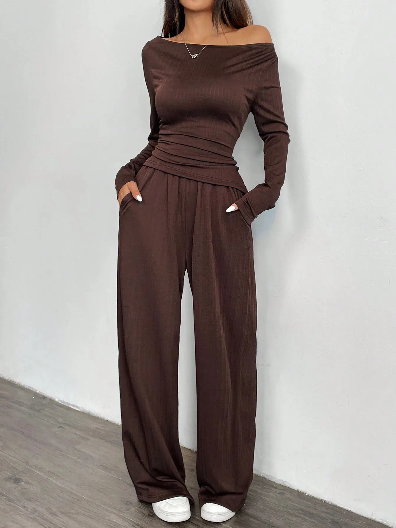 2pcs 2024 Autumn New Loose Feel Women Wide Leg Pants Set, Soft Comfy EU-US Style Slimming Asymmetrical Suit