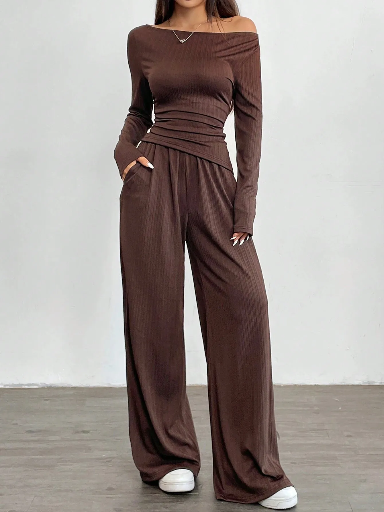 2pcs 2024 Autumn New Loose Feel Women Wide Leg Pants Set, Soft Comfy EU-US Style Slimming Asymmetrical Suit