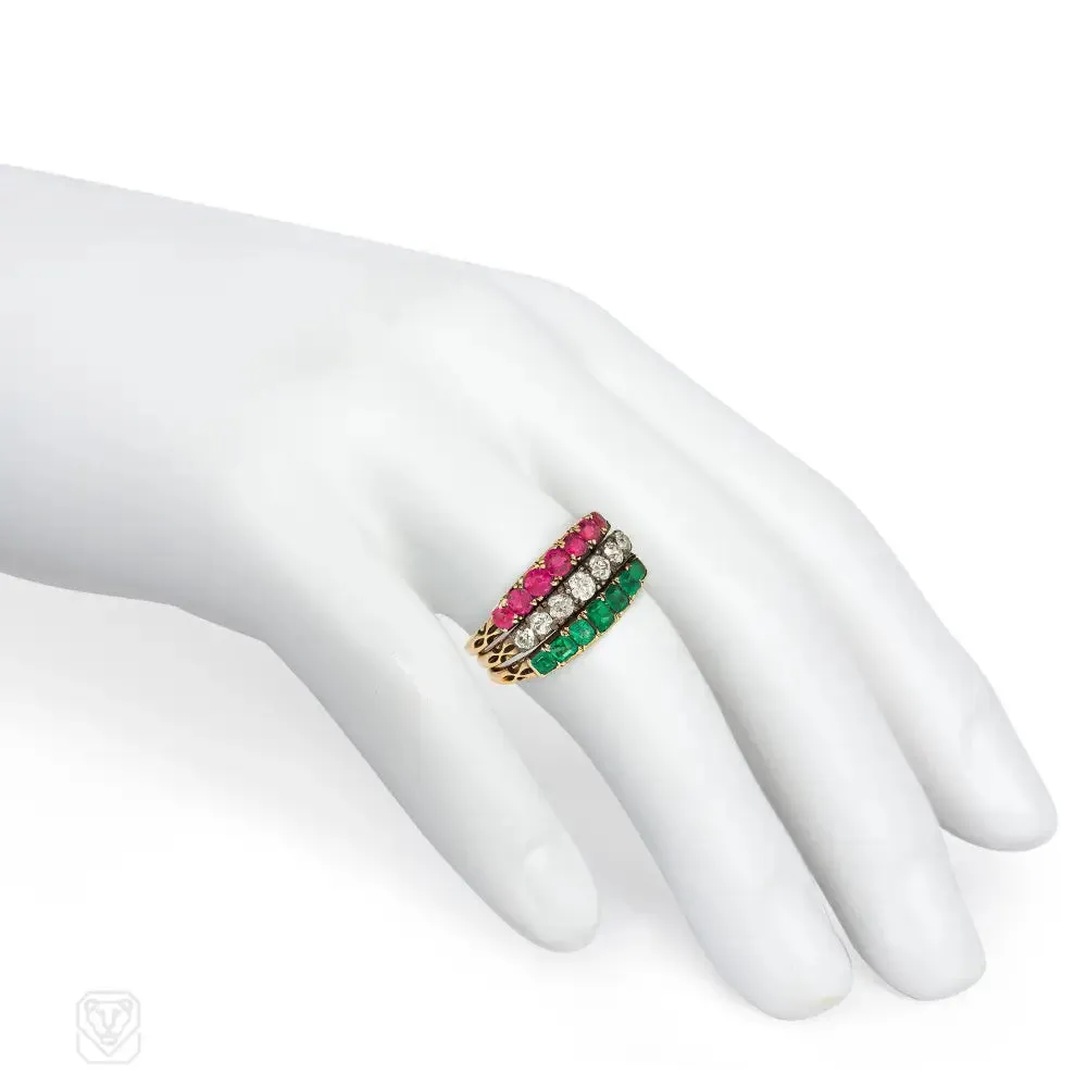 Antique emerald, diamond, and ruby harem ring