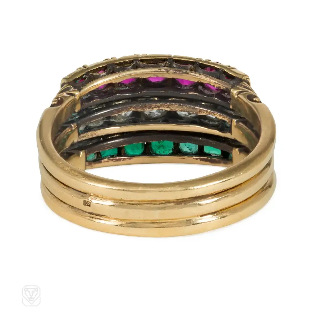 Antique emerald, diamond, and ruby harem ring