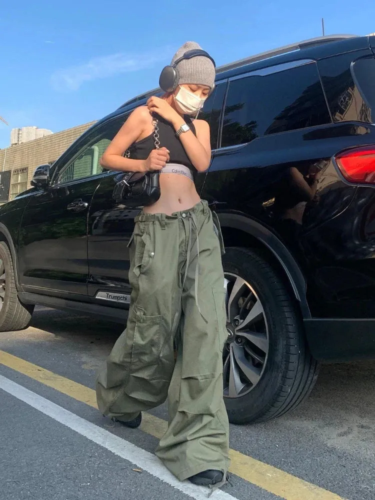 Army Green Low Rise Parachute Women Cyber Y2K Vintage Joggers Pant
