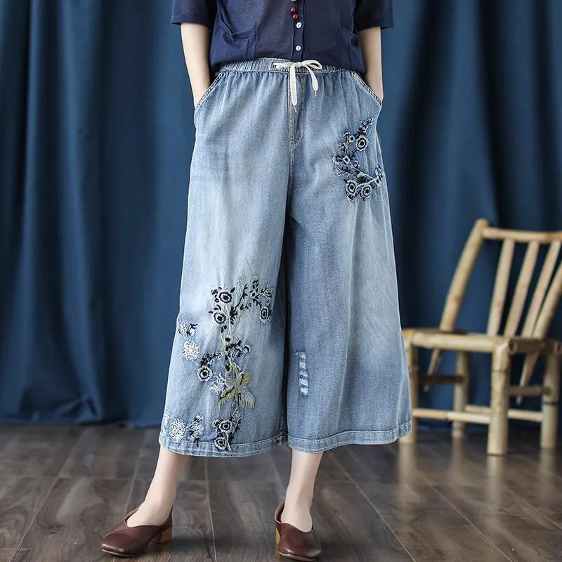 BABAKUD Vintage Embroidery Loose Washed Wide Leg Pants