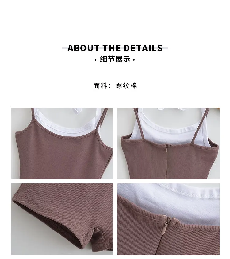 Bella Faux Two-Piece Solid Color Spaghetti Strap Halter Slim Short Jumpsuit