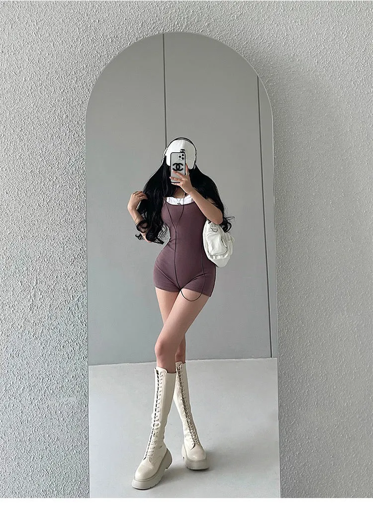 Bella Faux Two-Piece Solid Color Spaghetti Strap Halter Slim Short Jumpsuit