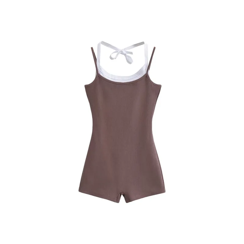 Bella Faux Two-Piece Solid Color Spaghetti Strap Halter Slim Short Jumpsuit