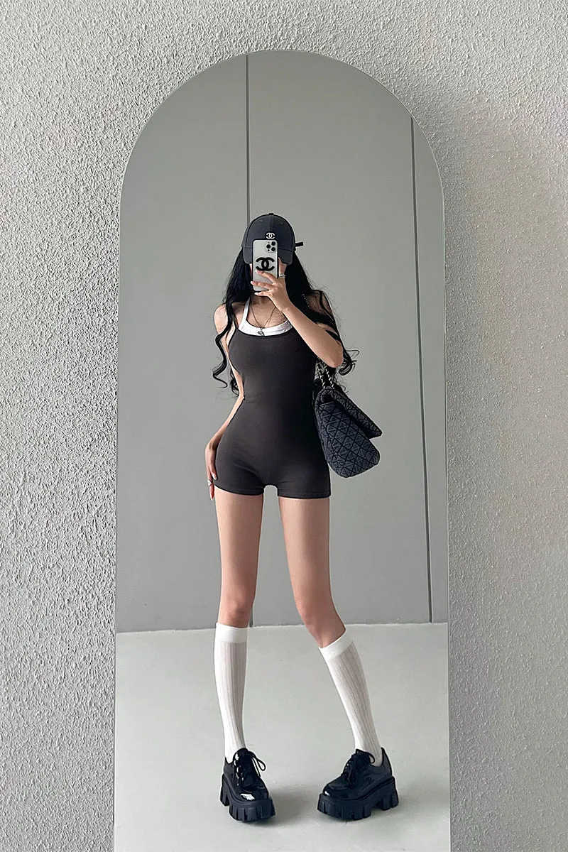 Bella Faux Two-Piece Solid Color Spaghetti Strap Halter Slim Short Jumpsuit