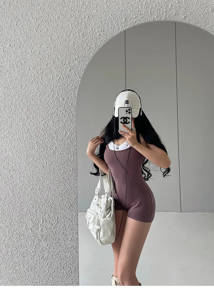 Bella Faux Two-Piece Solid Color Spaghetti Strap Halter Slim Short Jumpsuit