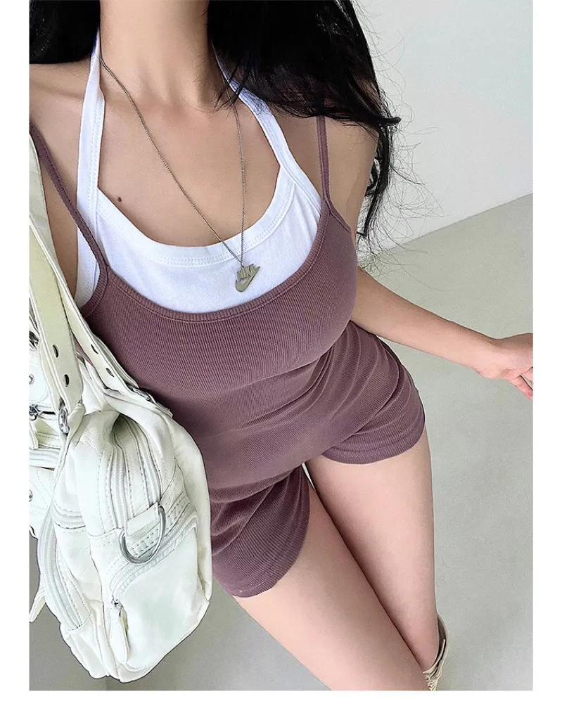 Bella Faux Two-Piece Solid Color Spaghetti Strap Halter Slim Short Jumpsuit