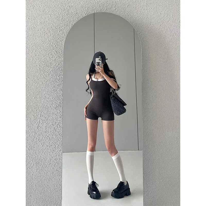 Bella Faux Two-Piece Solid Color Spaghetti Strap Halter Slim Short Jumpsuit
