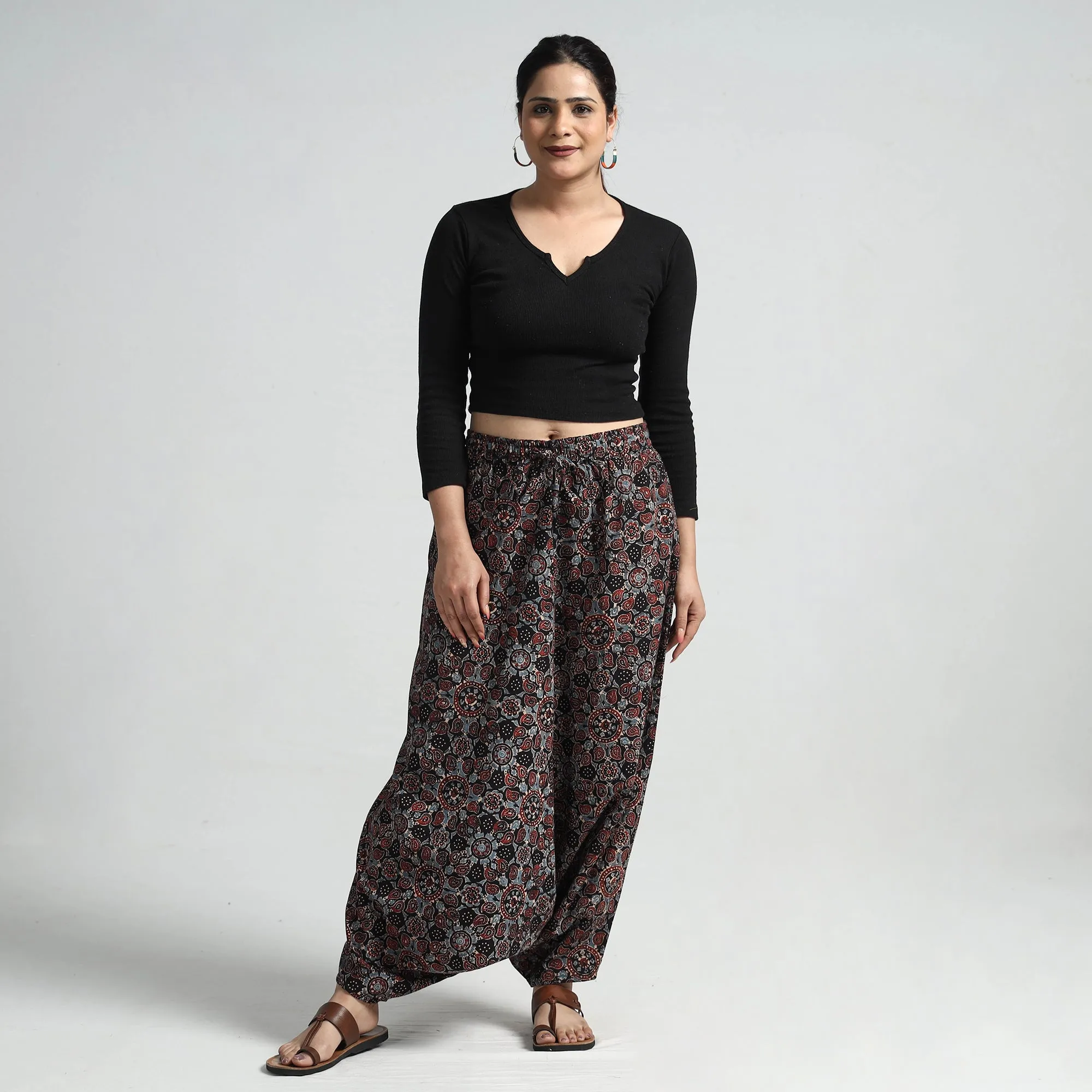 Black - Ajrakh Hand Block Printed Cotton Elasticated Harem Pant
