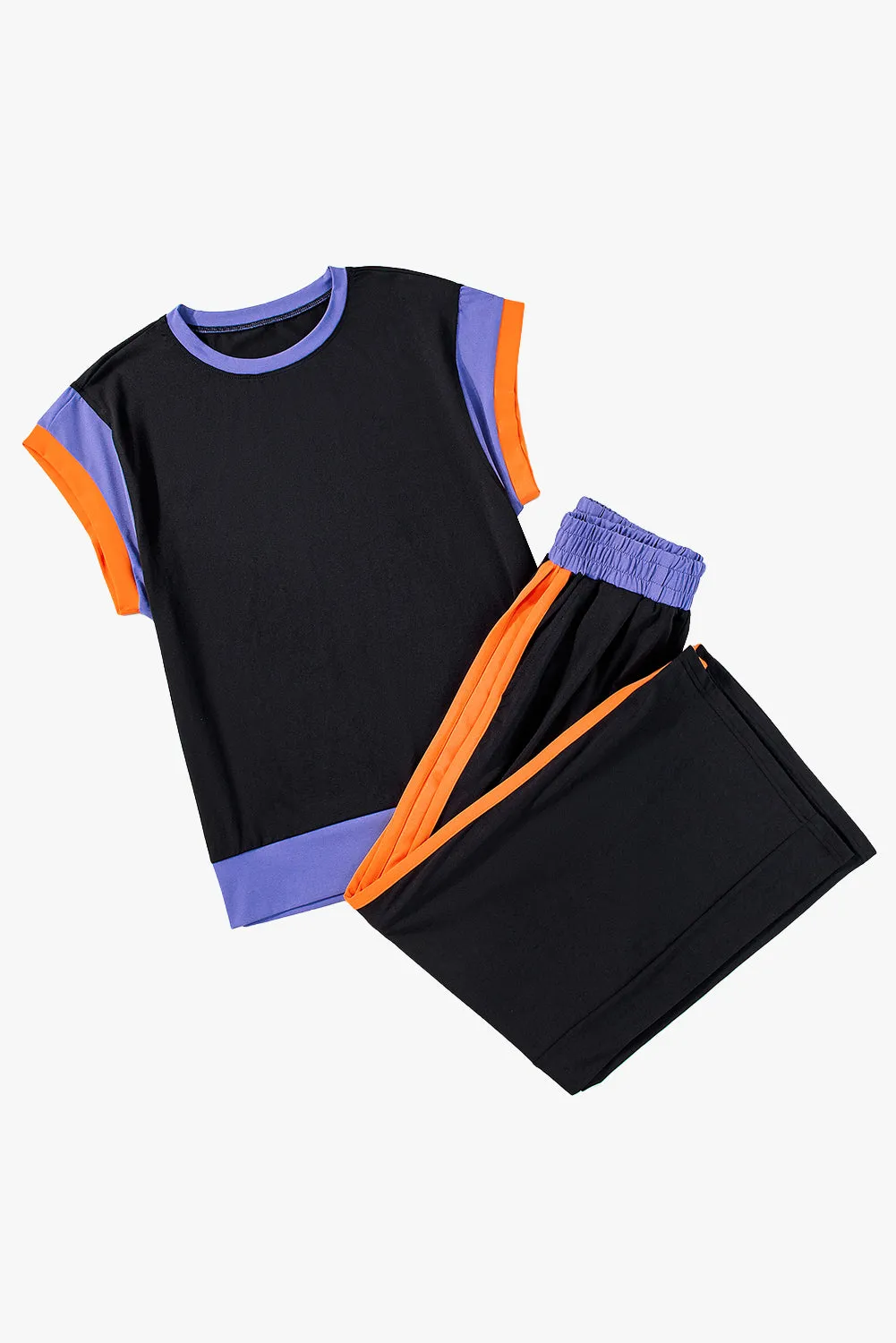 Black Colorblock Cap Sleeve Tee and Wide Leg Pants Set
