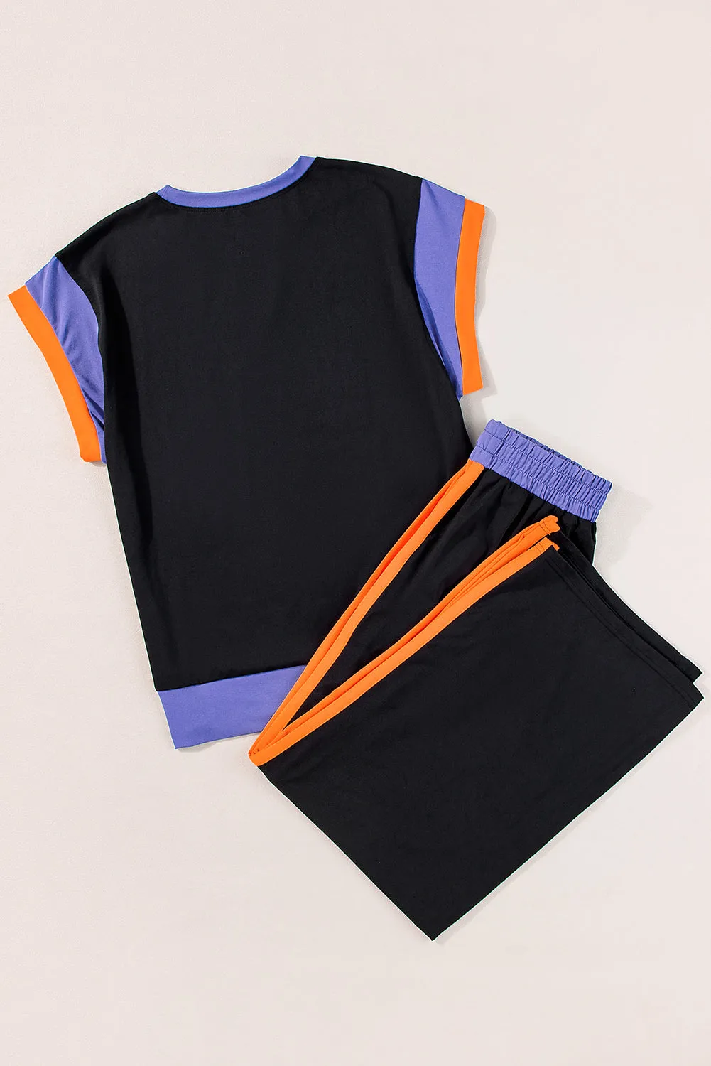 Black Colorblock Cap Sleeve Tee and Wide Leg Pants Set