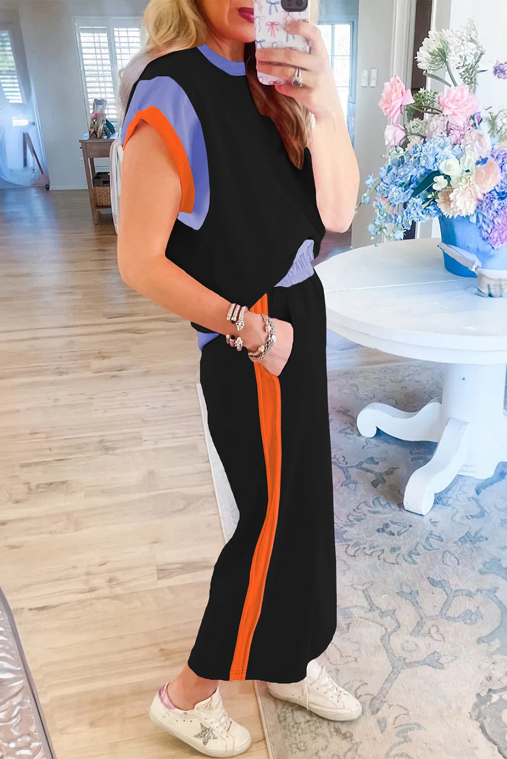 Black Colorblock Cap Sleeve Tee and Wide Leg Pants Set