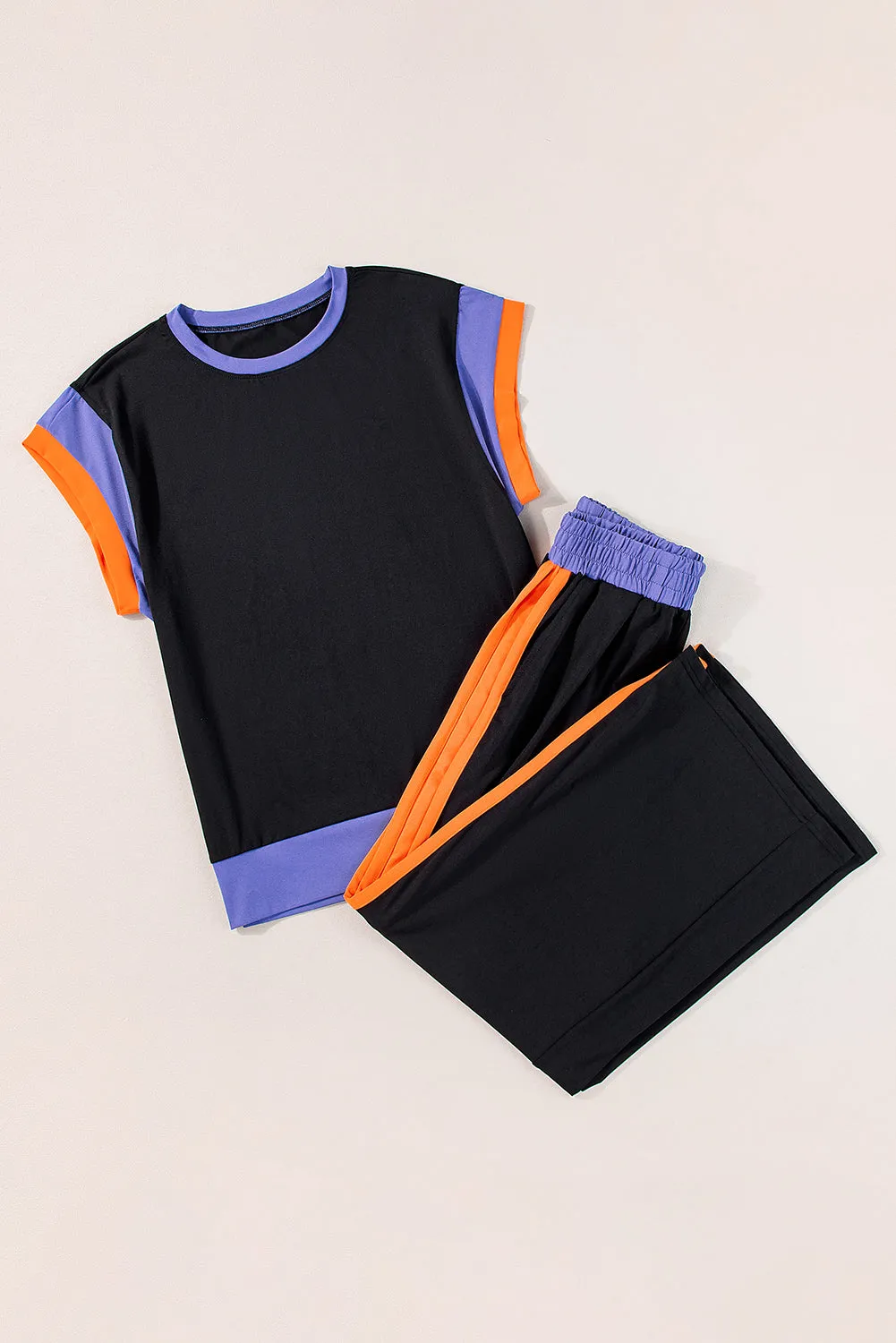Black Colorblock Cap Sleeve Tee and Wide Leg Pants Set