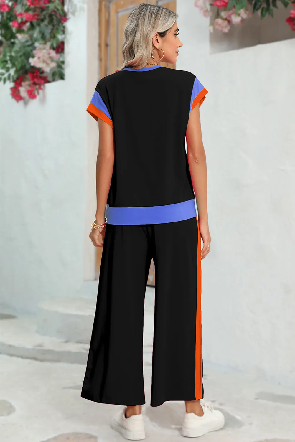 Black Colorblock Cap Sleeve Tee and Wide Leg Pants Set