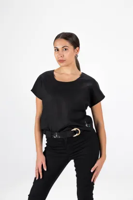 Black Linen Belt with Sailboat Embroidery