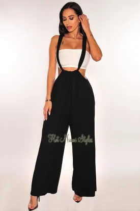 Black Ribbed Tie Up Drawstring Flare Suspender Overall Pants