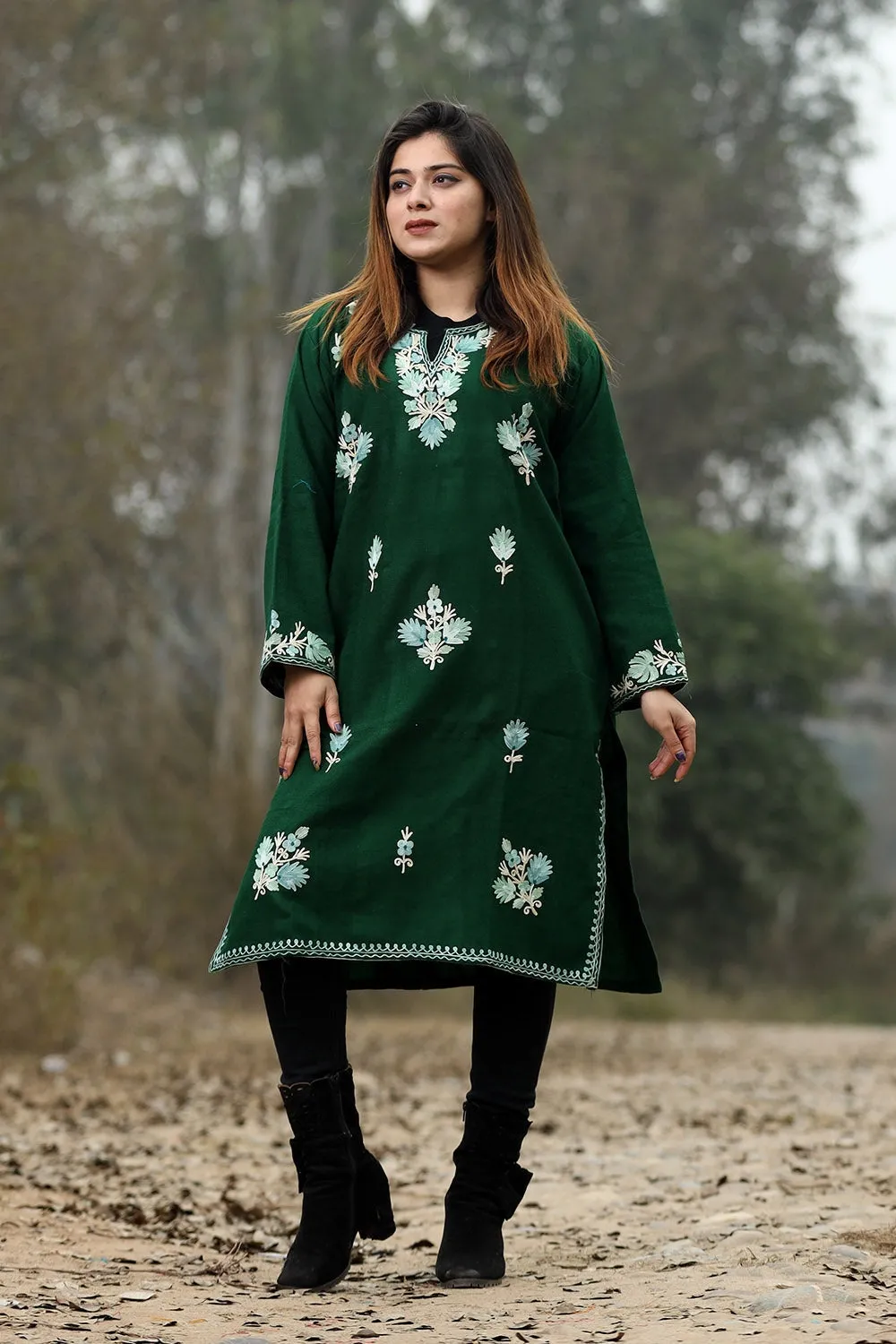Bottle Green Color Aari Work Embroidered Kurti With New Designer Floral Pattern