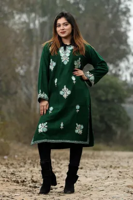 Bottle Green Color Aari Work Embroidered Kurti With New Designer Floral Pattern