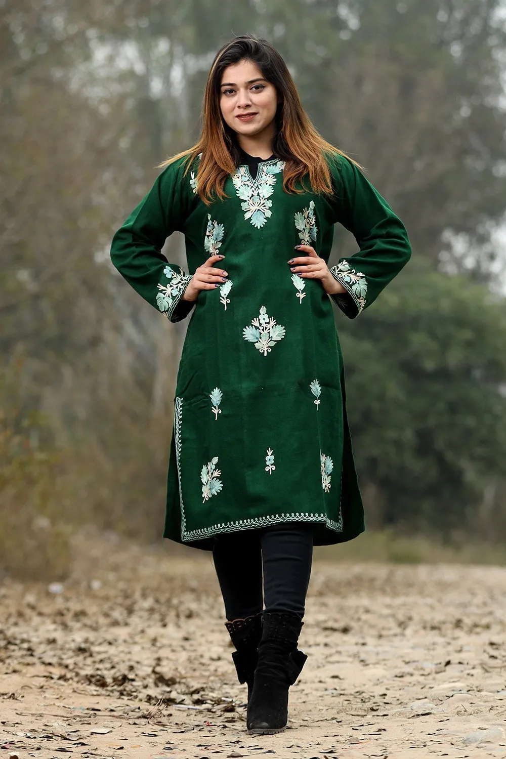 Bottle Green Color Aari Work Embroidered Kurti With New Designer Floral Pattern