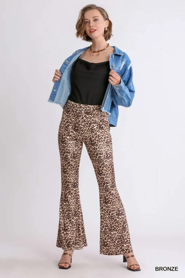 Bronze Animal Print Velvet Flare Leg Pant