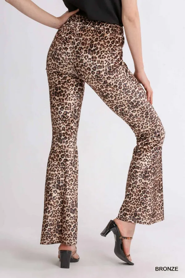 Bronze Animal Print Velvet Flare Leg Pant