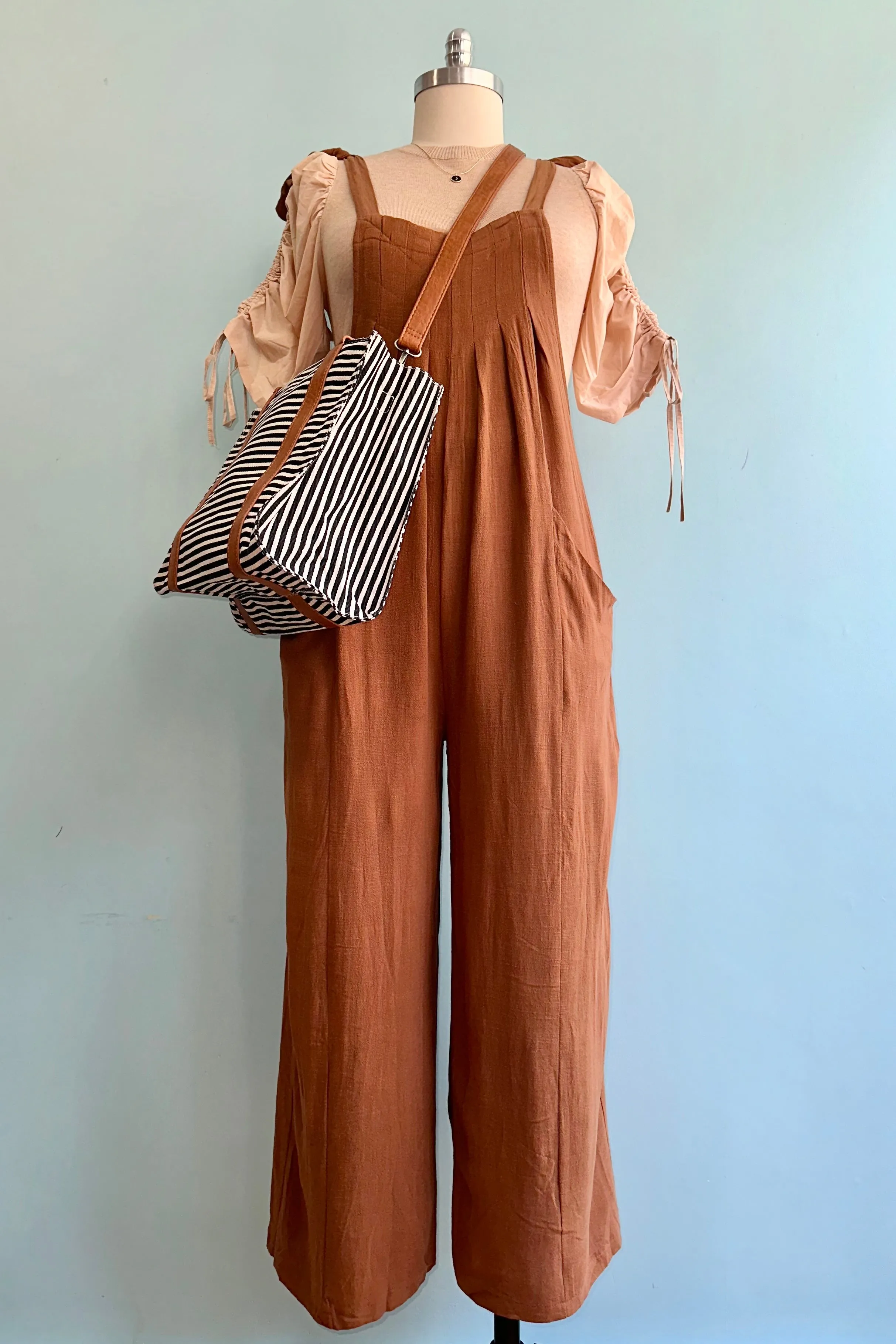 Brown Linen Tie Shoulder Jumpsuit