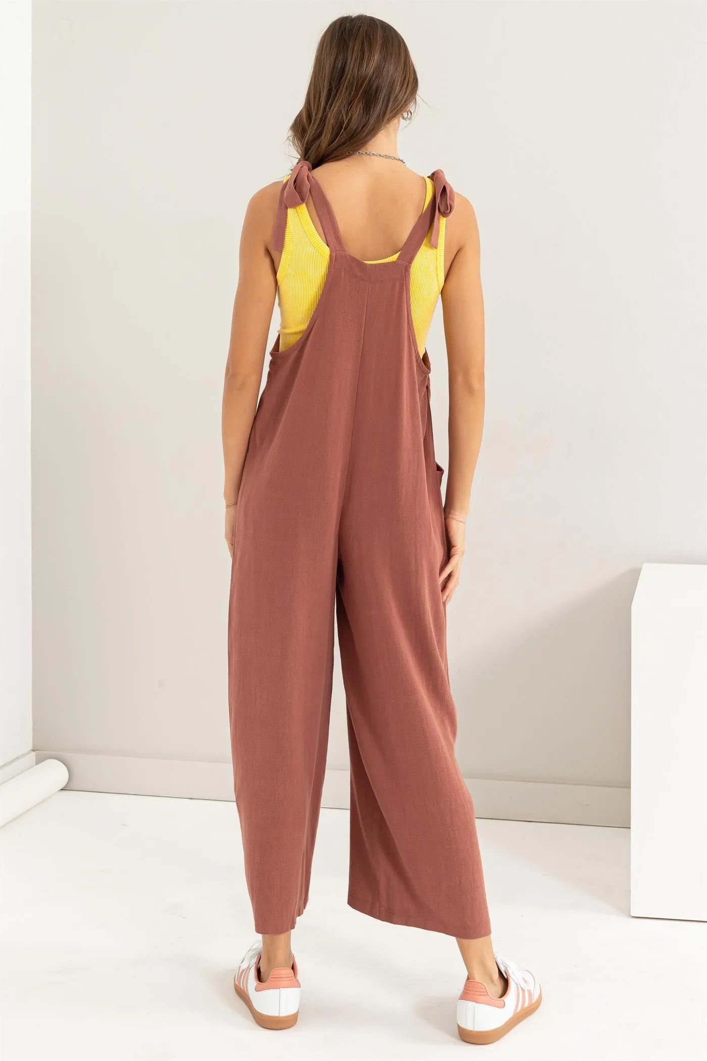 Brown Linen Tie Shoulder Jumpsuit