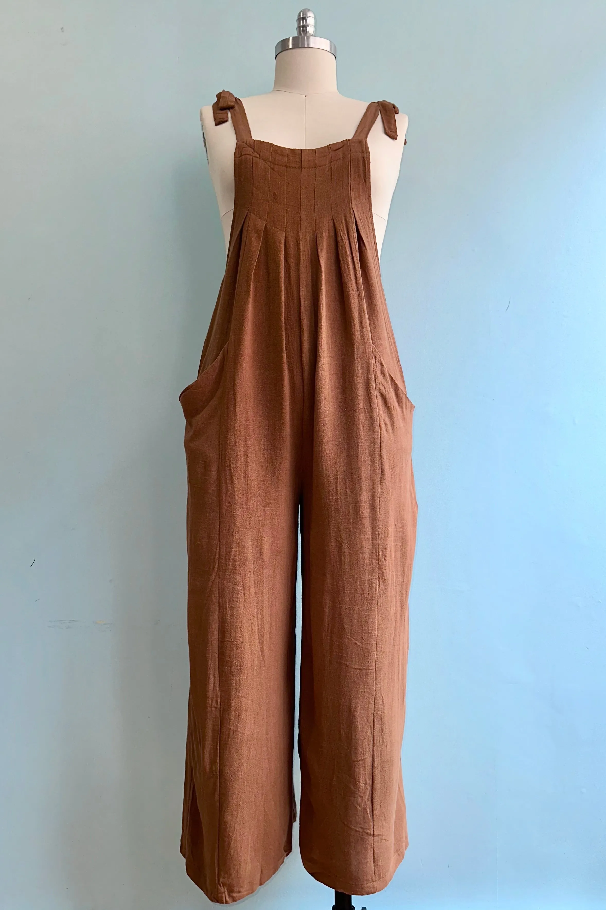 Brown Linen Tie Shoulder Jumpsuit