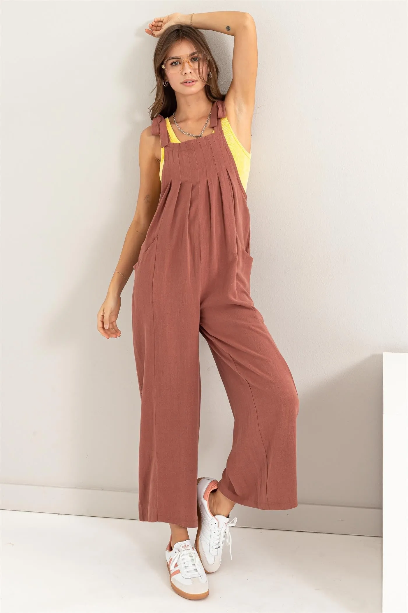 Brown Linen Tie Shoulder Jumpsuit