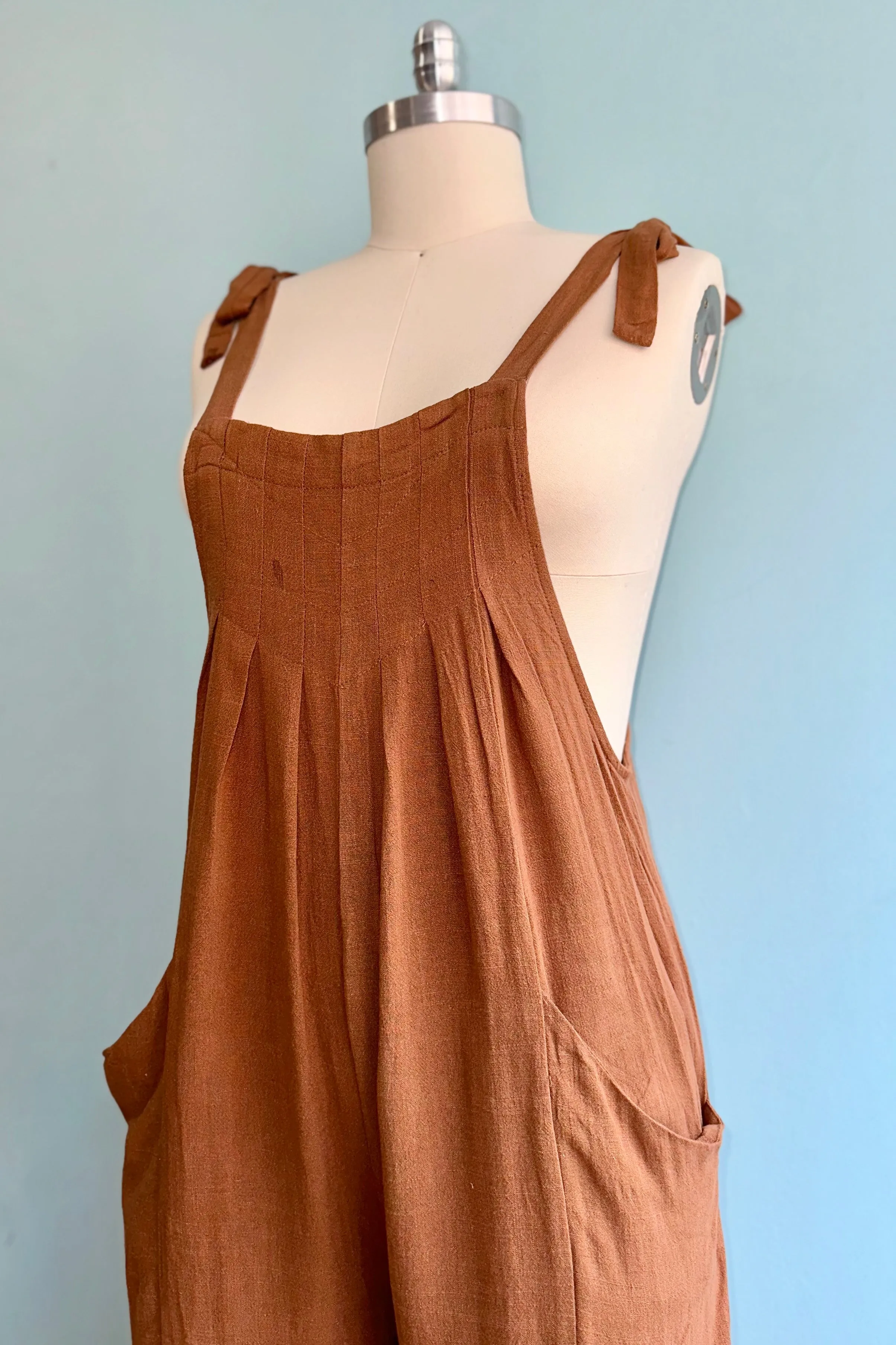 Brown Linen Tie Shoulder Jumpsuit