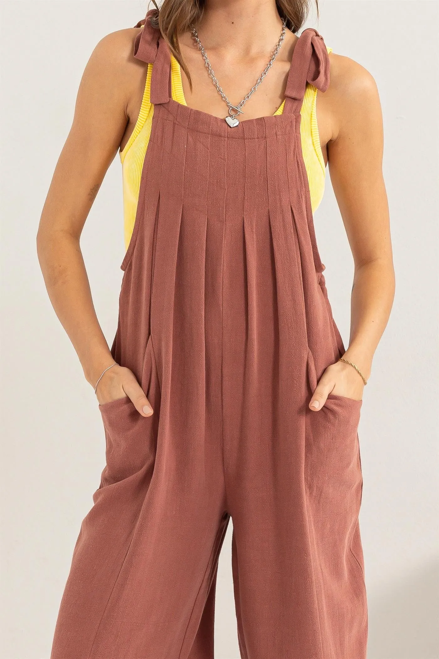 Brown Linen Tie Shoulder Jumpsuit