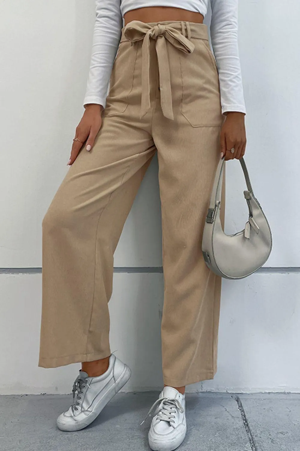 BUTTON FLY BELTED WIDE LEG PANTS WITH POCKETS