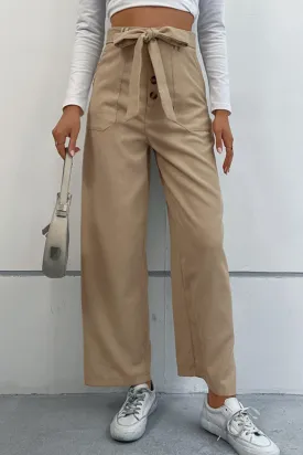 BUTTON FLY BELTED WIDE LEG PANTS WITH POCKETS
