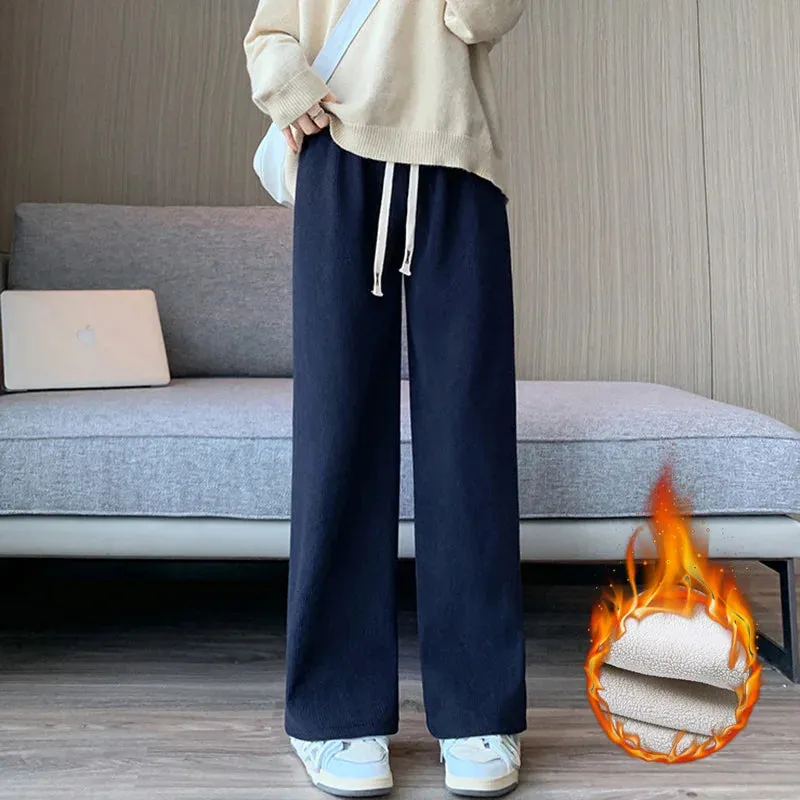 Casual Women Long Thick Pants Autumn Winter High Waist Wide Leg Pants Thicken Female Straight Long Pants Trousers