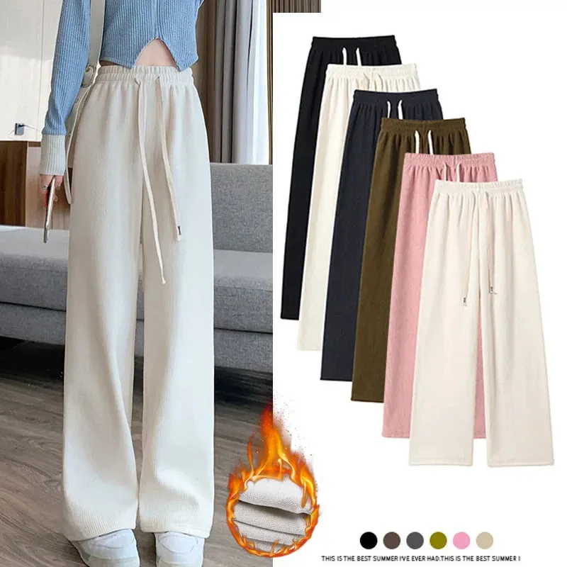 Casual Women Long Thick Pants Autumn Winter High Waist Wide Leg Pants Thicken Female Straight Long Pants Trousers