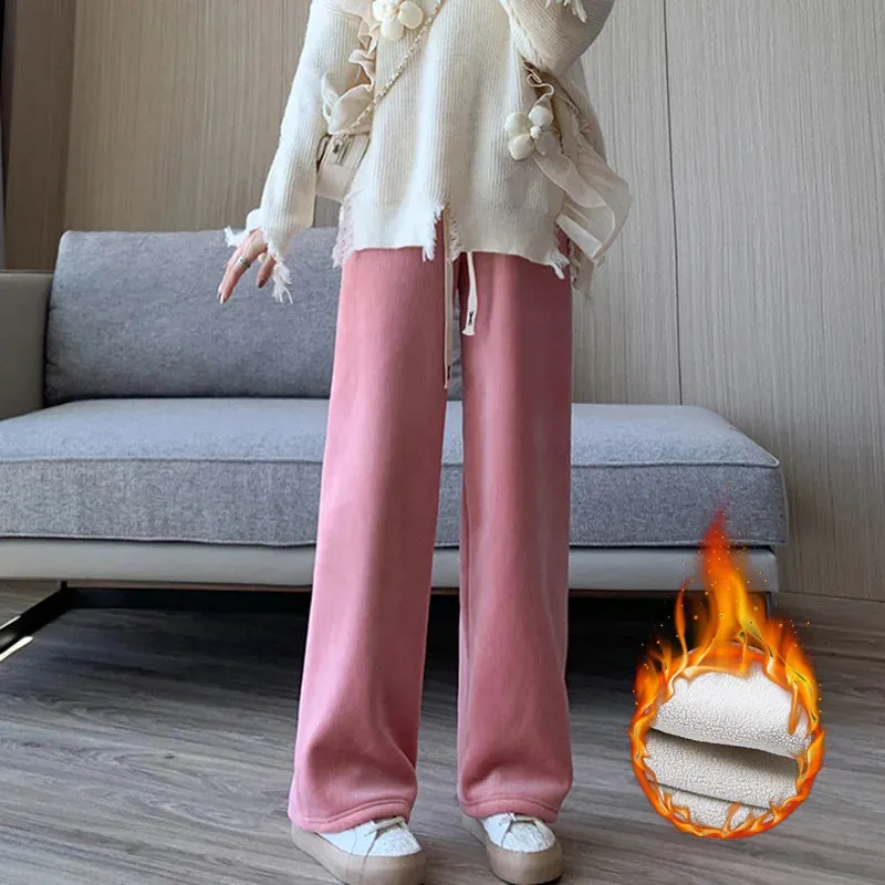 Casual Women Long Thick Pants Autumn Winter High Waist Wide Leg Pants Thicken Female Straight Long Pants Trousers