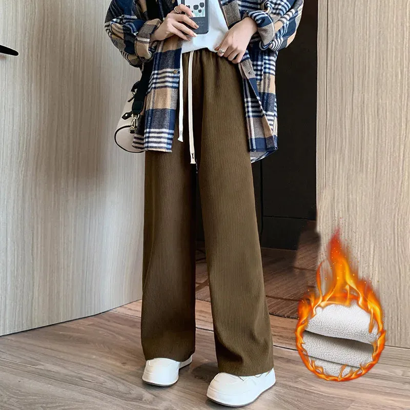 Casual Women Long Thick Pants Autumn Winter High Waist Wide Leg Pants Thicken Female Straight Long Pants Trousers