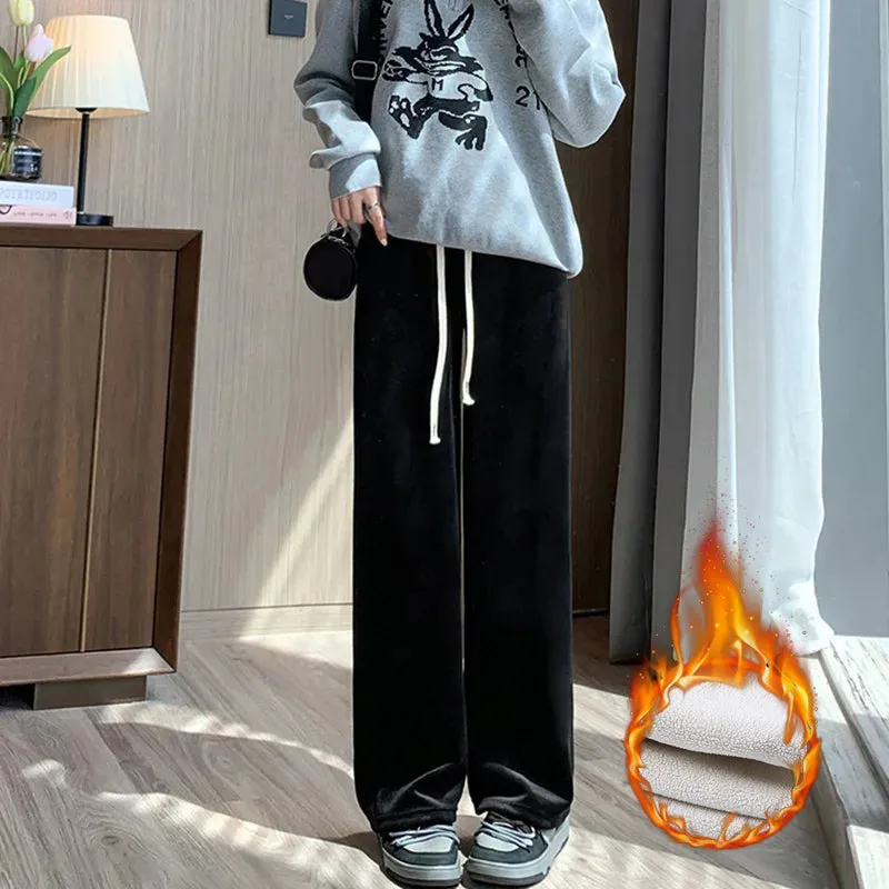 Casual Women Long Thick Pants Autumn Winter High Waist Wide Leg Pants Thicken Female Straight Long Pants Trousers