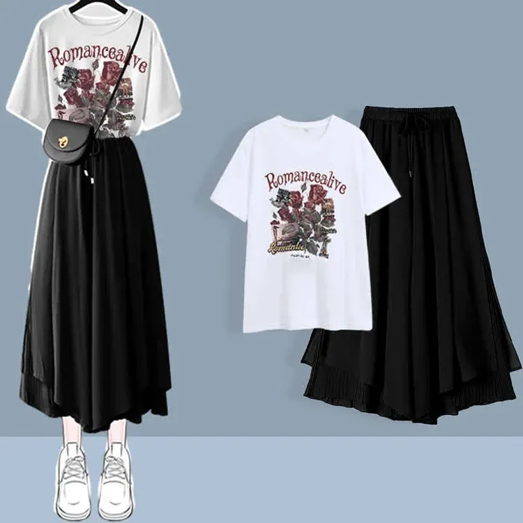 Chic Print T-Shirt Chiffon Split Wide Leg Pants Two Piece Set