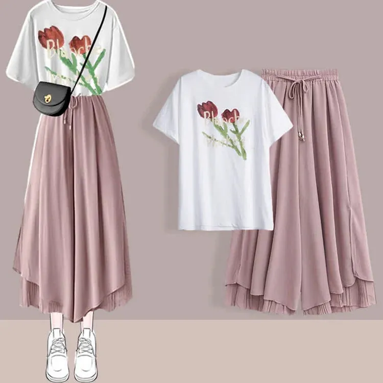 Chic Print T-Shirt Chiffon Split Wide Leg Pants Two Piece Set