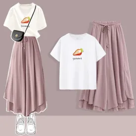 Chic Print T-Shirt Chiffon Split Wide Leg Pants Two Piece Set