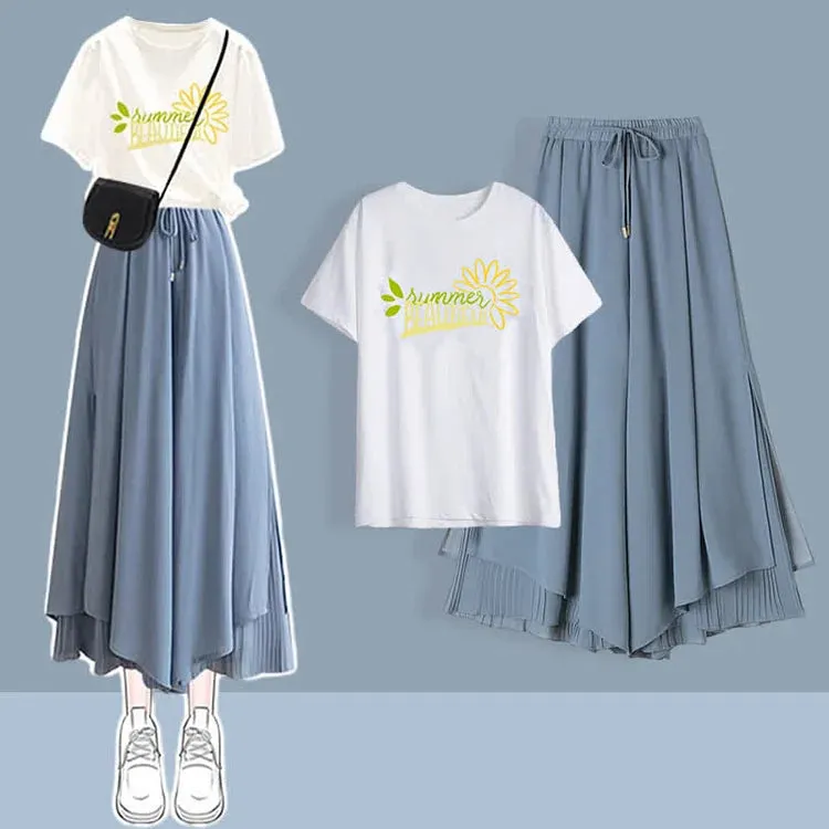 Chic Print T-Shirt Chiffon Split Wide Leg Pants Two Piece Set