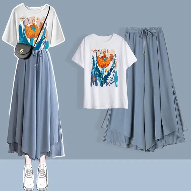 Chic Print T-Shirt Chiffon Split Wide Leg Pants Two Piece Set