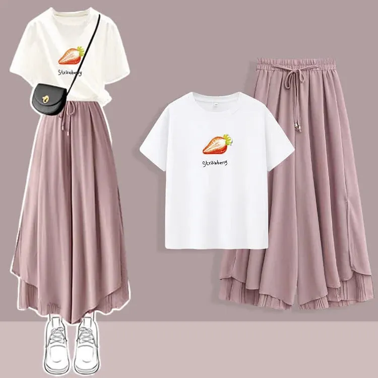 Chic Print T-Shirt Chiffon Split Wide Leg Pants Two Piece Set