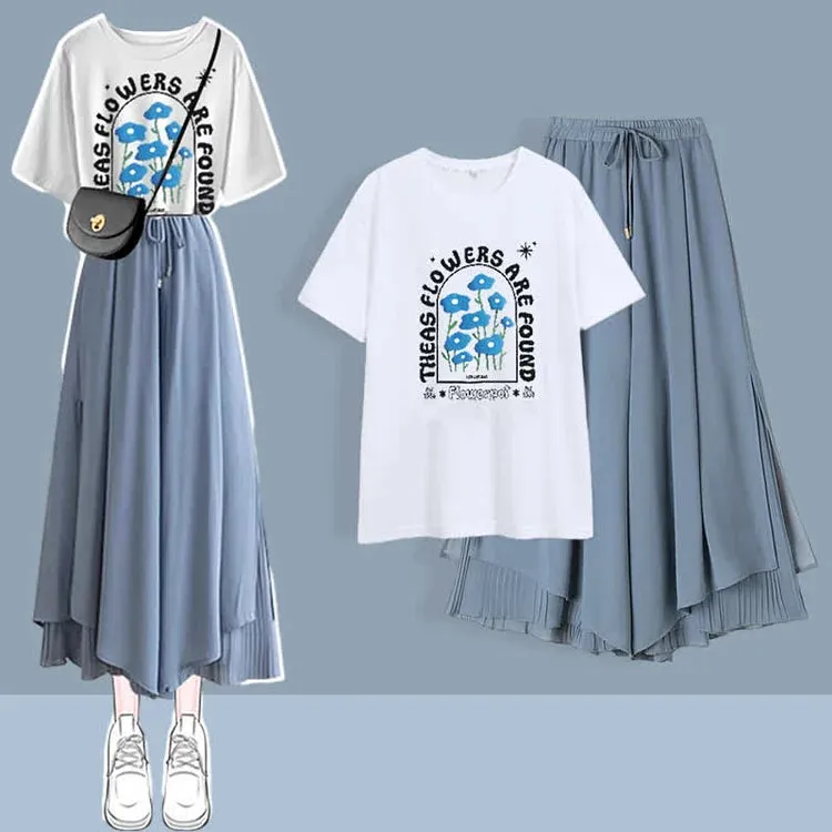 Chic Print T-Shirt Chiffon Split Wide Leg Pants Two Piece Set