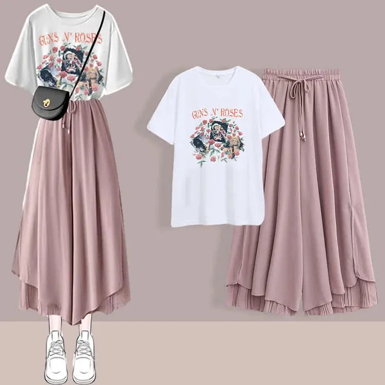 Chic Print T-Shirt Chiffon Split Wide Leg Pants Two Piece Set