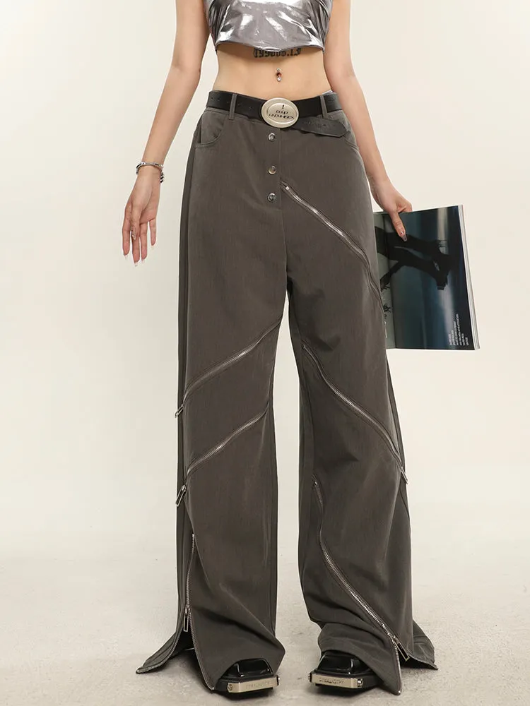 China Solid Color Cut Out Multi-Zipper Straight Wide Leg Pants
